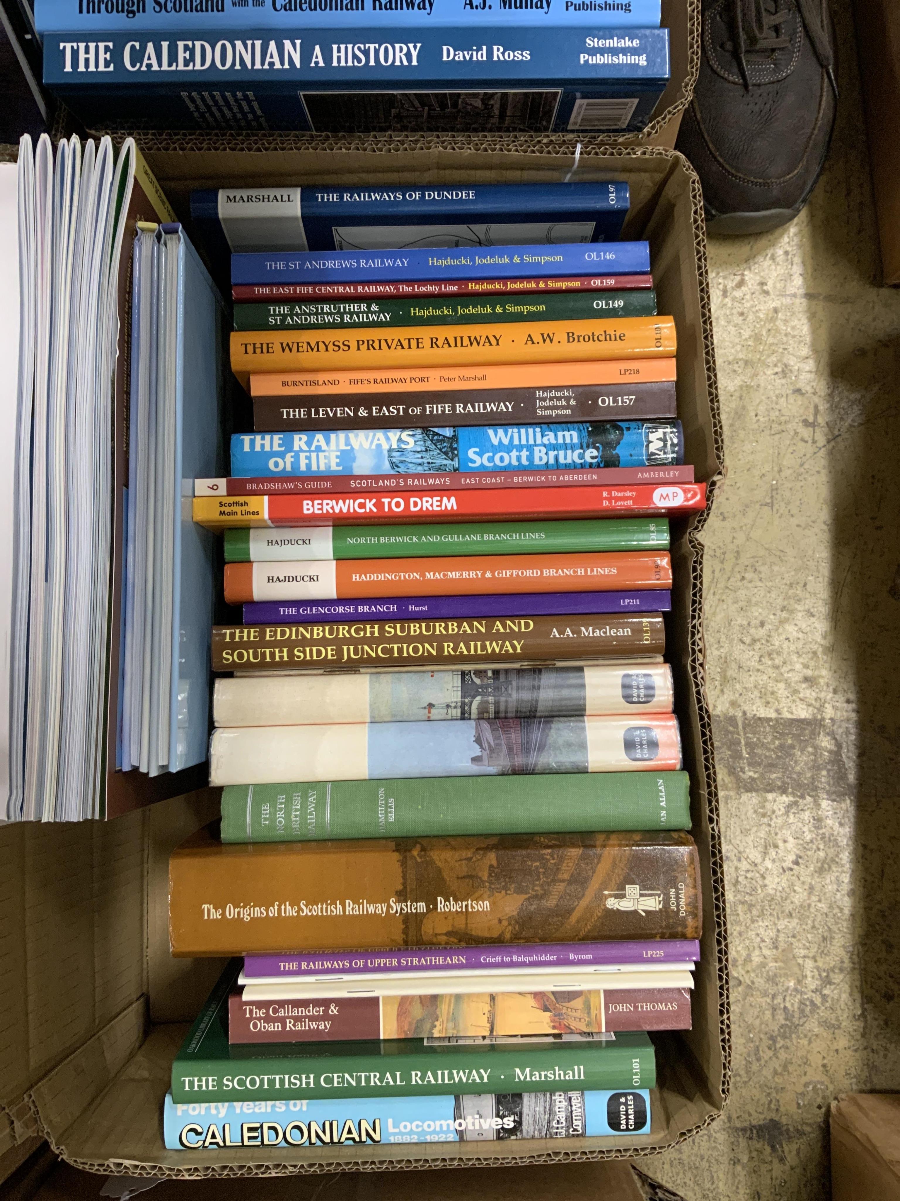 Eight boxes of railway related books, subjects include; Scottish steam, diesel locomotives, electric locomotives, Great Western Railway locomotives, Union Pacific locomotives, Bradshaw’s guides, etc. publishers include;